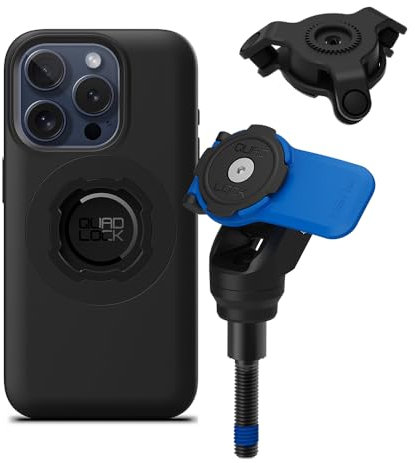 Quad Lock Motorcycle Handlebar Clamp Bolt Phone Mount Kit with Vibration Dampener and iPhone 15 Pro MAG Case