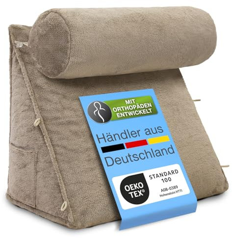 ELONEO Rückenkissen Bett/Sofa mit Abnehmbarer Nackenrolle und Seitentasche, Rückenstützkissen mit Nackenkissen, Bezug waschbar, Lesekissen, Bücherkissen, Rückenlehne