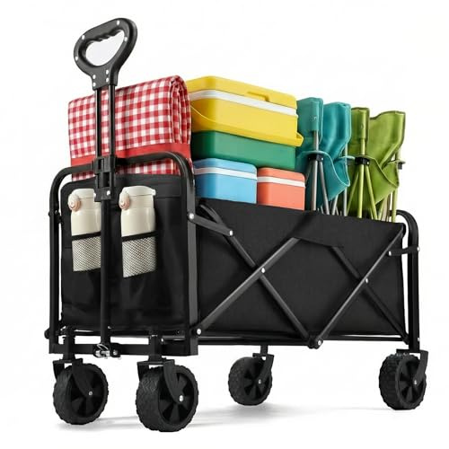 Zusammenklappbarer Wagen, 100 kg, robuste Wagenwagen, faltbar, tragbare Wagen für Lebensmittel, Strandwagen mit All-Terrain-Rädern und Getränkehaltern, Mehrzweckwagen für Einkaufen, Sport, Camping