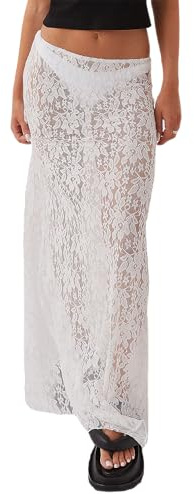 LTZYLS Falda larga de encaje para mujer, transparente, sexy, bohemia, de verano, falda larga y transparente para vacaciones en la playa, Blanco, S
