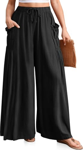 TARSE Women's 2025 Summer Wide Leg Palazzo Pants High Waisted Flowy Pockets Trendy Casual Lounge Boho Beach Trousers Black, XL