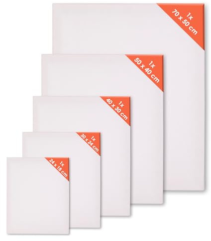 Leinwand auf Keilrahmen 5 Größen 3-fach grundiert - 5er Set | Kunstleinwand auf Holzrahmen mit weiß grundiertem Leinentuch, zum Bemalen mit Acrylfarbe und Ölfarbe, Künstlerbedarf