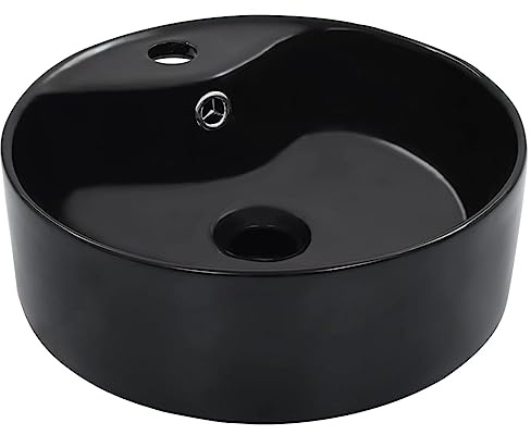 Lavabo da Appoggio Rotondo, Nero in Ceramica con Troppopieno, Design Moderno per Bagno o Toilette, Diametro 36 cm, Altezza 13 cm