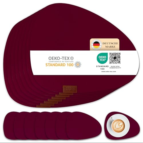 Nordkai Filz Tischset Tropfenform – 8er Set Platzsets + 8 Untersetzer – 40×32 cm – rutschfest, hitzebeständig & abwaschbar – Skandinavisches Design, pflegeleicht & platzsparend (Burgunder Rot)