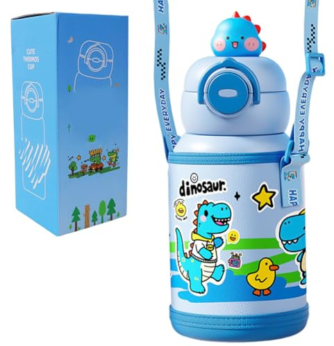 Dinosauro Borraccia Termica Bambini, 550ML Bottiglia Termica Borraccia con Cannuccia Borraccias Acciaio Inox Bottiglia Acciaio Portatile Borraccias Termicas Calde Fredde per Scuole Viaggio