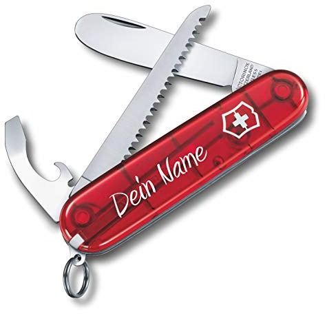 MY FIRST VICTORINOX Kinder Taschenmesser personalisiert – Schweizer Taschenmesser mit 9 Funktionen – Wunschname – Geschenk für Kinder zum Geburtstag (rot transparent)