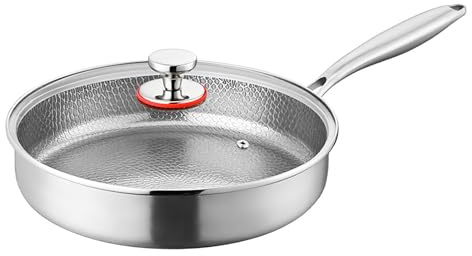 JIABAOZ Padella in Titanio Puro con Coperchio, Padella Martellato Antiaderente, Antiaderente Multifunzionale Resistente Antigraffio in Titanio per Tutti Piani Cottura (With lid,28cm)