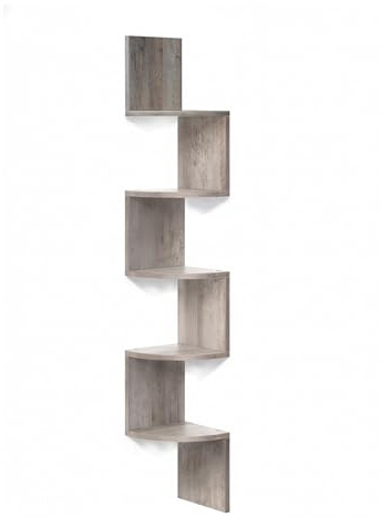 Relaxdays hörnhylla, HxBxD: 125 x 20 x 20 cm, 5 hyllplan, MDF, ljusgrå | zickzackdesign, vägghylla, bokhylla