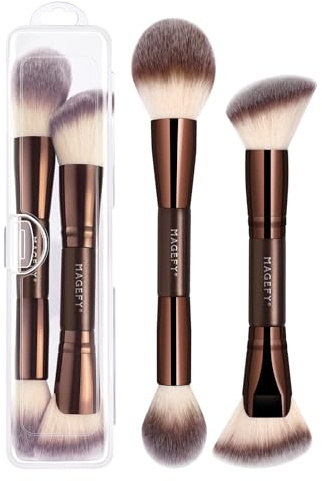 Make-up Pinsel Set 2 Doppelseitige Makeup-Pinsel Aluminiumgriff Weiche Synthetikborsten Foundation Makeup Pinsel Transparente Aufbewahrungsbox, Professionelles Make-up Werkzeug Set(Kaffeebraun 02)