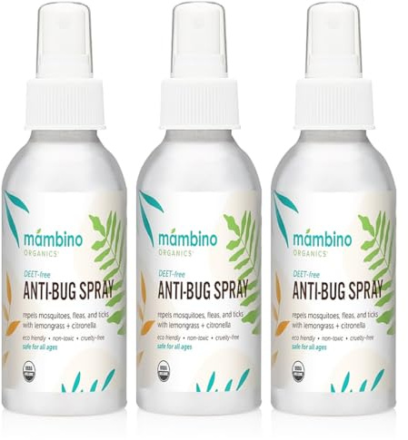 Mambino Organics Anti-Bug Spray, DEET-Free, Organic Mosquito Repellent with Essential Oils, Reef Safe, Face-Safe Protection for Babies, Kids, and Adults, Travel Bug Spray, 2.7oz, 3-Pack