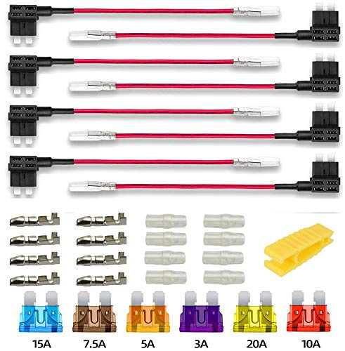 Gebildet 8pcs 12V-24V Standard Autosicherungen Add-A-Circuit Sicherung Tap,Mittel Größe Stecksicherung Verteiler Flachsicherungsadapter mit 6pcs Sicherung (3A/5A/7.5A/10A/15A/20A)+Sicherungsabzieher