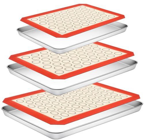 Baking Sheet with Silicone Baking Mat Set,CEKEE Stainless Steel Baking Sheet Pan Tray, Cookie Sheets for Baking, 6PCS Baking Supplies Bakeware Sets for Oven Making Cookies, Macaroons, Bread