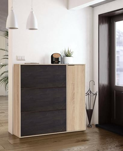 Dmora - Étagère à chaussures Provo, armoire à chaussures 4 portes, armoire basse polyvalente avec 5 étagères, étagère à chaussures moderne, 106x22h115 cm, chêne et noir