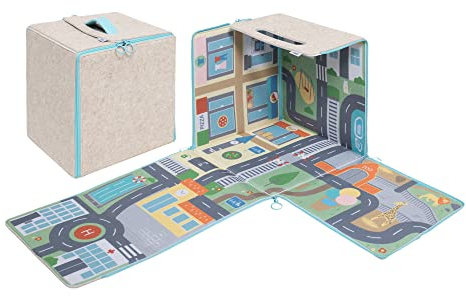 emma & noah Diolie Würfel, Aufbewahrungsbox 30x30x30 cm, Faltbarer Spielteppich mit Straßen, Robuster Filz, Straßenteppich für Kinderzimmer & Spielzimmer (Stadt)