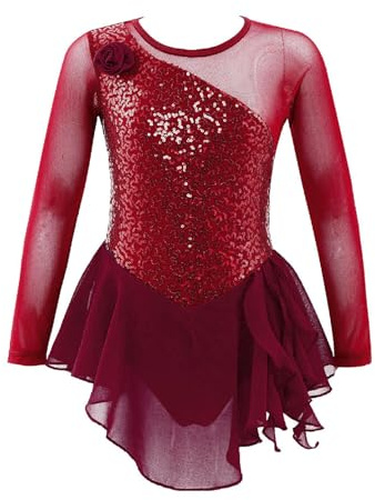 dPois Robe de Patinage Artistique Enfant Fille Robe de Danse Classique Manches Longues Paillettes Brillants Justaucorps Gymnastique Gym Ballet 4-14 Ans Rouge D 10 Ans