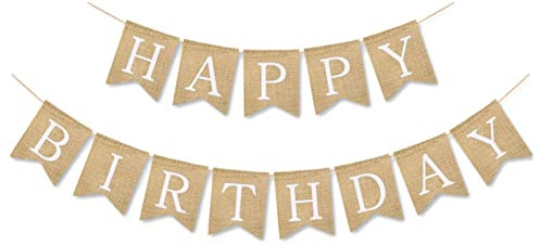 Andiker Vintage Burlap Happy Birthday Banner, 6.6 Feet Jute Hanging Bunting Garland for Birthday Party Decoration, Perfect for Indoor and Outdoor Parties (White)