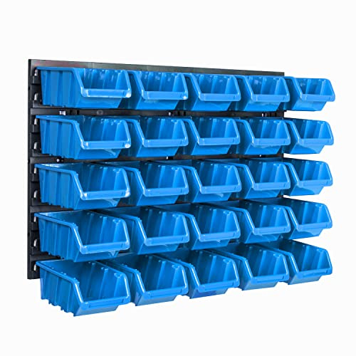 Lagersystem vägghylla 576 x 390 mm | 25 st. Box | stapelbara lådor, sorteringshylla, visningslådor | extra starka väggplattor | utbyggbar hylla | verkstadshylla, förvaringshylla, verkstadshylla,