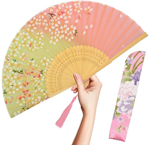 OMyTea Faltbarer Handfächer für Frauen,Faltbarer chinesischer japanischer Vintage-Bambusseide-Fan,für Hot Flash, Kirche, EDM, Musikfestival, Party, Tanz, Dekoration, Geschenk (Pink Sakura)
