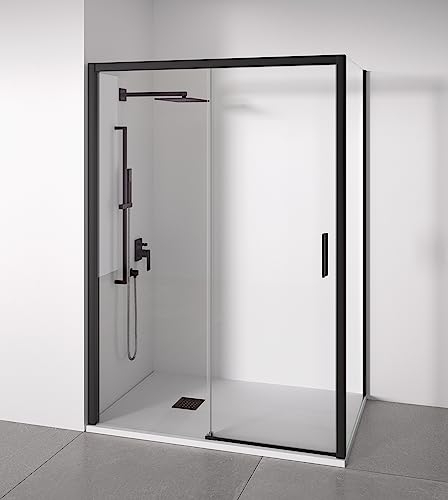 Mampara de ducha angular 1 corredera + 2 fijos - sin perfilería inferior - Cristal transparente templado 6mm - Negro mate - Ancho adaptable 115-120 x 77-80cm - Posición puerta derecha - Alto 195cm