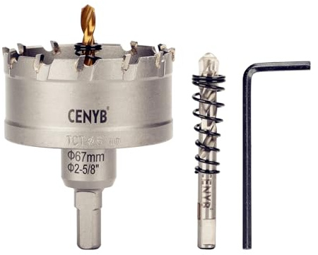 CENYB scie cloche metal 2-5/8 (67mm) à pointe en carbure de tungstène, avec 2 forets pilotes titanées - Idéale pour métaux durs, acier inoxydable, fer,alliage d'aluminium, bois et plastique