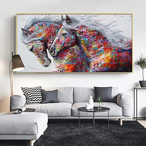 Wanddekoration Malerei Tierkunst Zwei Laufende Pferde Leinwandmalerei Wandkunst Bilder für Wohnzimmer Moderne Abstrakte Kunstdrucke Poster Wohnkultur-50x70cm