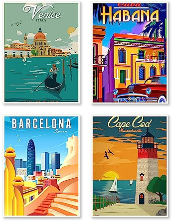 DCIDBEI 30x40CM Diamond Painting Paysage Voyage,5D 4 Lot Peinture Diamant Affiche Vlle pour Adultes Tableau Strass Diamant Rond Loisirs Creatifs DIY Diamond Art Fête Décor Mural