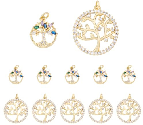 DICOSMETIC 12 ciondoli a forma di albero della vita, placcati in oro 18 carati, rotondi in ossido di zirconio, ciondoli per albero in strass con anello di salto per la fabbricazione di gioielli, foro: