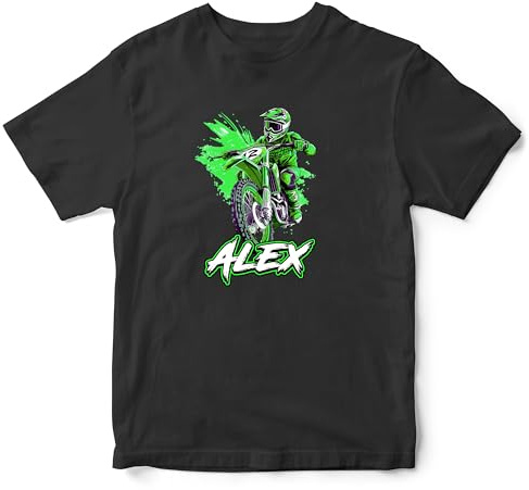 Personalised Green Dirt Bike Boys T Shirt Custom Off Road Motorcycle Tee Kids Motocross Top