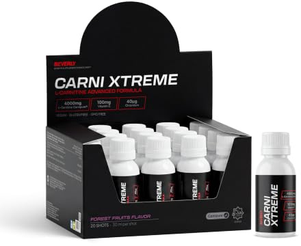 Beverly CARNI XTREME Carnitina Pura, 20 viales, Sabor Frutos Rojos | Patente Carnipure, 4 gr de Carnitina por vial, Con vitamina C y Cromo, Reduce el nivel de grasa, Aporta energía
