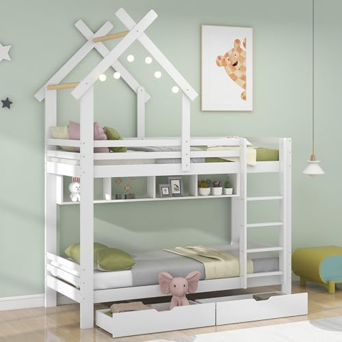 Etagenbett mit Schubladen und Regalen, Kinderbett 90 x 200, Hausbett für 2 Kinder, Hochbett Baumhaus Bett Funktionsbett Stockbett Kinderhochbett Jugendhochbett mit Rausfallschutz und Leiter, Weiß