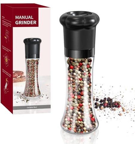 CIRCLE JOY Salt and Pepper Grinder, Manual Pepper Mills Grinder with Adjustable Ceramic Blades, Glass Body 6.35OZ Shaker for Kitchen BBQ, No Salt/Pepper Included