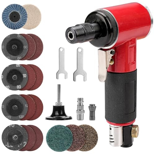 NuoDunco Druckluft-Winkelschleifer-Set – Druckluft-Winkelschleifer, Set enthält Mini-Winkelschleifer mit 17 Stück 5,8 cm verschiedenen Schleifscheiben, 2 Bohrfutter 3 mm & 6 mm (rot)