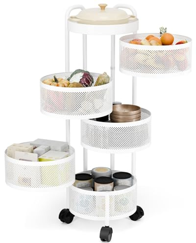 joukares Étagère de rangement rotative à 5 niveaux pour légumes de cuisine, étagère à fruits, chariot de rangement sur roulettes avec maille creuse, chariot pour épicerie, maïs, pommes de terre