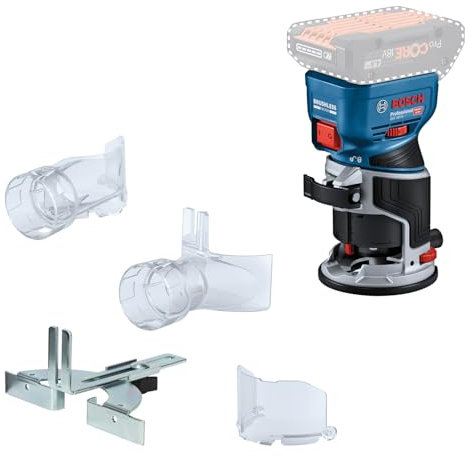 Bosch Professional 18V System Cordless Router GKF 18V-8 (incl. Parallel Guide, 2X Routing vac adaptors, Chip Shield, ¼” (6.35mm) Collet, Wrench, Without Battery/Charger)