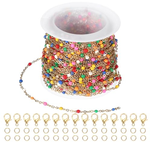 PATIKIL Stainless Steel Jewelry Chain, 16Ft 1.5mm Multicolor Beaded Link Cable Chains for Necklace Earring Bracelet Findings Jewelry Making Trucker Hat Chains, Gold/Multicolor