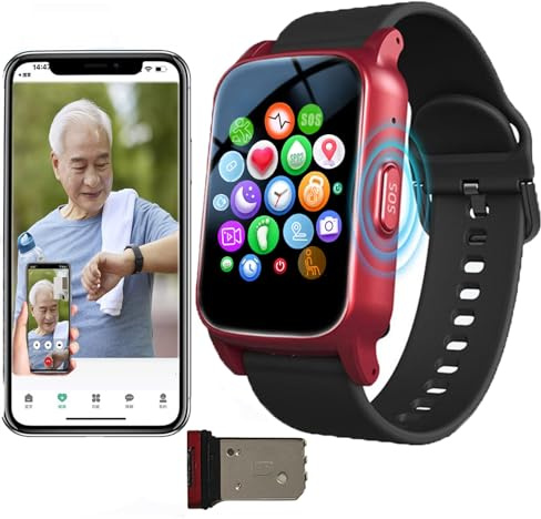 Vcyex Notrufknopf Für Senioren, Smartwatch Senioren, Notfallarmband, GPS-Tracker Uhr Senioren Demenz, SOS EIN-klick-Hilfe Sturzalarm Videoanruf Sprachanruf IP67 Wasserdicht,Red