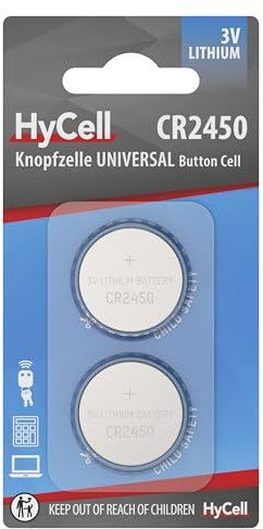 HyCell Piles Boutons au Lithium CR2450 3V, 2 pièces, Longue durée de Vie, pour Calculatrice, Balance, Horloge, clés de Voiture, Ouverture de Garage, télécommande, lumière