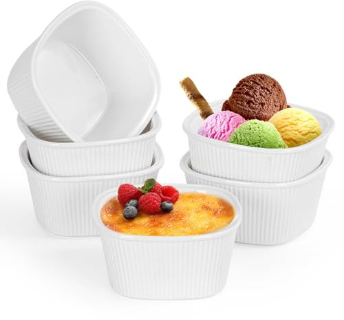 FoiiLiio 6 Ramequines de Cerámica,210ml Moldes para Soufflé,Ramequines de Porcelana,Tazones de crema,plato de tarta de cerámica,Cuencos pequeños de cerámica creme brulee,Blanco,Cuadrado