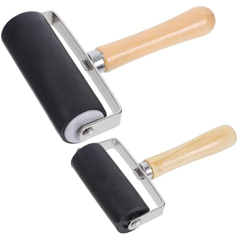 IWOWHERO 2pcs Rubber Roller for Printmaking with Comfortable Grip and Easy Ink Application, Wood and Rubber Ink Hand Roller for DIY Crafts and Art Stamping