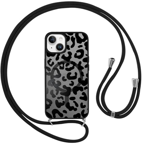 Yoedge Cover Magnetica per iPhone 15 6,1con Cordino, Compatibile con MagSafe,Aesthetic Leopardata Disegno Custodia con Tracolla Laccio Corda Collana, Traslucida Matte Silicone TPU Antiurto Case, Nero