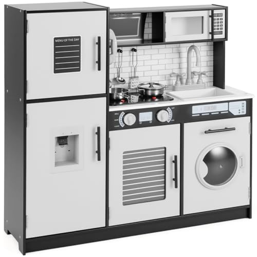 GYMAX Kids Play Kitchen, Wooden Toy Kitchen with Microwave, Water Dispenser, Washing Machine, Oven, Stove, Sounds, Lights, Telephone&Accessories, Children Cooking Role Playset for 3+ Years Old (Black)