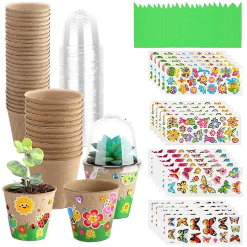 Blumentöpfe Zum Bemalen Für Kinder | 30 Stück Pflanzentöpfe Mit Gewächshaus-Aufsätzen - Handgefertigtes Gartenpapier Bastelset Mit 20 Deko-Aufklebern Für Schulprojekte, Kunstunterricht & Kreative