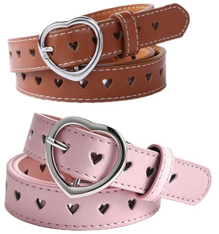 COYUN 2 Stück Kindergürtel Mädchen, Herz Schnalle Mädchen Gürtel, Verstellbare Herz Schnalle Taillengürtel, Kinder PU Ledergürtel, for Kids Dress Pants Jeans-Pink, Braun