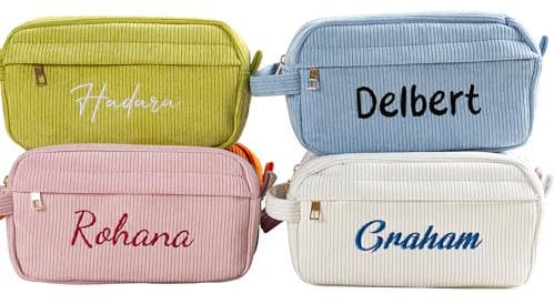 KEMEILA Personalisiertes Besticktes Federmäppchen aus Cord - Individuelle Namenstickerei, 24 cm Länge, Mehrere Fächer für Stifte und Zubehör