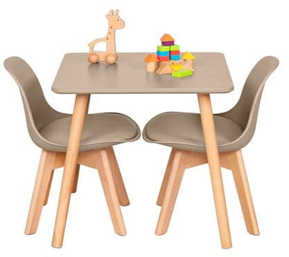 EGGREE Kindertisch mit 2 Stühlen, FSC Buchenholz, 1–6 Jahre, Khaki