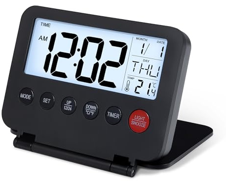 Lafocuse Reloj Despertador Digital, Reloj de Viaje LCD Pequeño Plegable a Pilas con Luz Nocturna, Temperatura y Calendario, Snooze, 12/24HR, Reloj de Mesa para Mesita de Noche, Escritorio, Dormitorio
