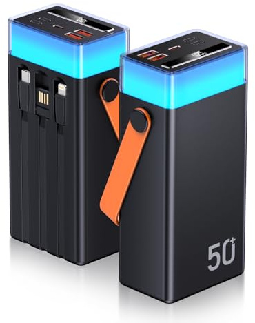 CUZAR Powerbank 50000mAh, 22,5W PD USB-C Schnellladegerät, Externer Akku mit Kabel, Power Bank 5 Ausgängen und 2 Eingängen, kompatibel mit iPhone, Tablets, iPad, Samsung (Orange)