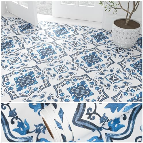 VEELIKE Blue and White Peel and Stick Vinyl Flooring 12'' x 118'' Waterproof Self Adhesive Mediterranean Floor Tile Roll Heavy Duty Blue Moroccan Sheets Linoleum Flooring Roll for Kitchen Bedroom RV