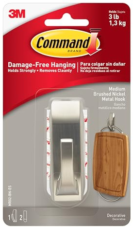 Command Medium Modern Brushed Nickel Metal Hook and 2 Adhesive Strips | Adhesive Wall Hook, Damage-Free Hanging for Jackets, Purses, Handbags, Hats, Scarves, Dog Leads, Holds up to 1.3 kg