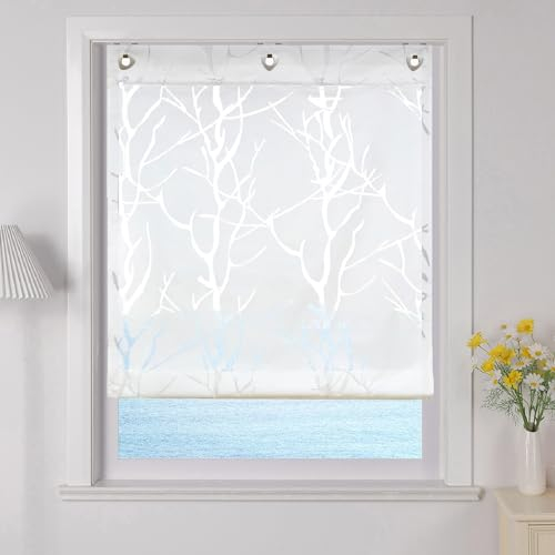 ESLIR Raffrollo mit U-Haken Gardinen Küche Raffgardinen Halbtransparent Ösenrollo Vorhänge Modern Ausbrenner Weiß #2 BxH 100x140cm 1 Stück